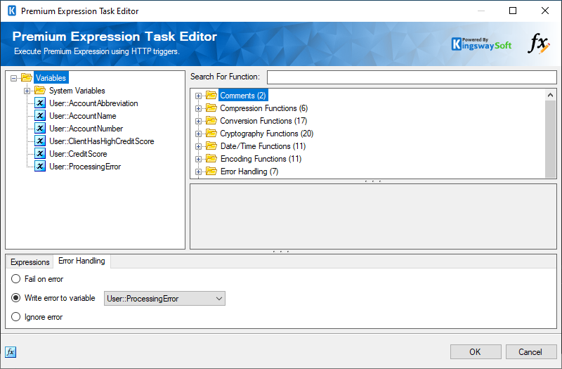 Premium Expression Task - Write error to variable